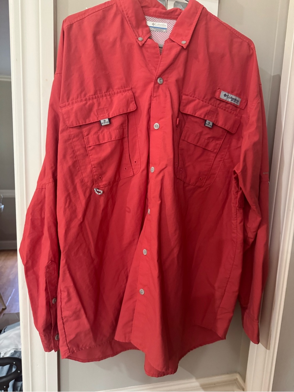Columbia Men’s Coral-Red Long Sleeve Button-Down Fishing Shirt